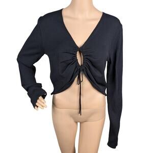 NEW Mango MNG Black Minimalist Keyhole Ruched Long Sleeve Knit Crop Top SZ XL